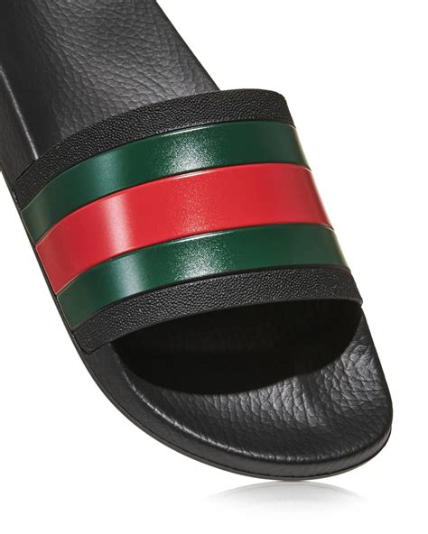 gucci black and green web striped rubber slide sandals|Gucci rubber pursuit g slides.